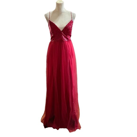Fashion Nova Dress Cherry Red Ayana Corset Sequin Tulle Mesh Overlay Double Slit - Picture 16 of 16
